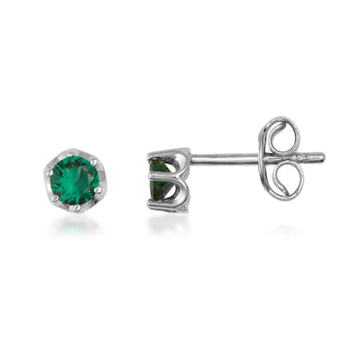 White gold stud earrings with round green gemstone, hexagonal setting, minimalist style