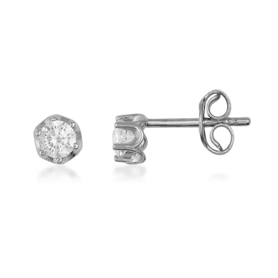 White gold hexagonal stud earrings with round diamond center on white background