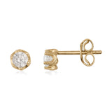 14K gold stud earrings with round clear cubic zirconia in hexagonal setting, minimalist design