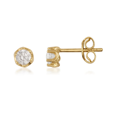 Gold stud earrings with round clear gemstone in hexagonal setting, minimalist design