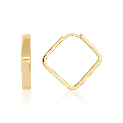 Square-shaped gold hoop earrings with a minimalist design on a white background