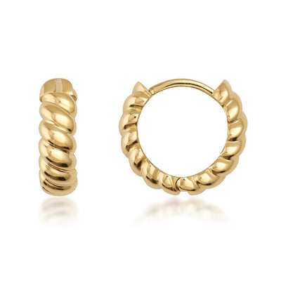 Chunky twisted gold hoop earrings with a polished, ridged design on a white background.