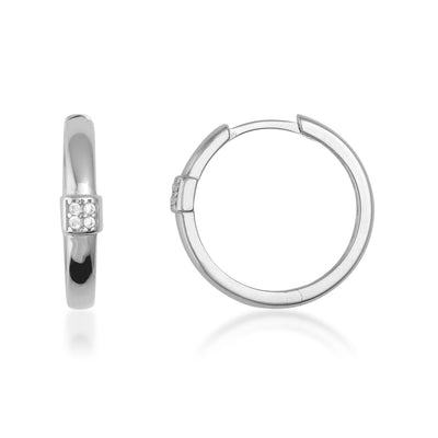 White gold hoop earrings with small round diamonds, minimalist jewelry design