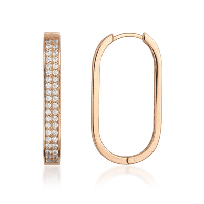 Rose gold rectangular hoop earrings with pavé set clear stones, minimalist jewelry