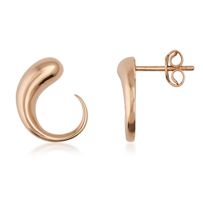 Polished gold stud earrings with a curved, modern abstract design on white background
