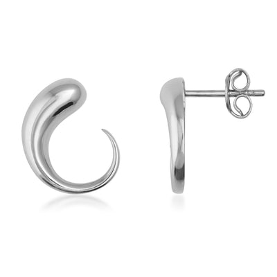 Polished white gold swirl stud earrings with modern curved design on white background