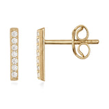 14K gold bar stud earrings with row of clear round cubic zirconia, minimalist jewelry design