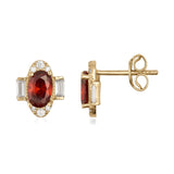 14K gold stud earrings with oval red Simulated Ruby, baguette and round white stones, fine jewelry