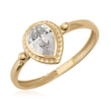 14K gold ring with pear-shaped clear cubic zirconia and ornate detailing on the band