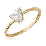 14K gold ring with heart-shaped clear cubic zirconia solitaire on white background