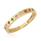 14K gold band ring with multicolored cubic zirconia, elegant and minimalist jewelry design