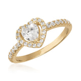 14K gold ring with heart-shaped center stone and pavé cubic zirconia on band and halo