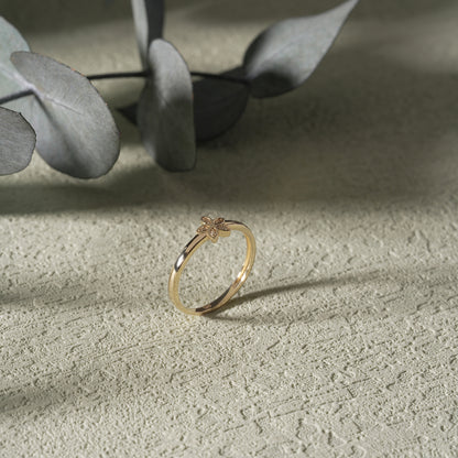 14K Solid Gold Minimal Flower Ring – Five-Petal Zirconia Accent Ring – Gift for Her