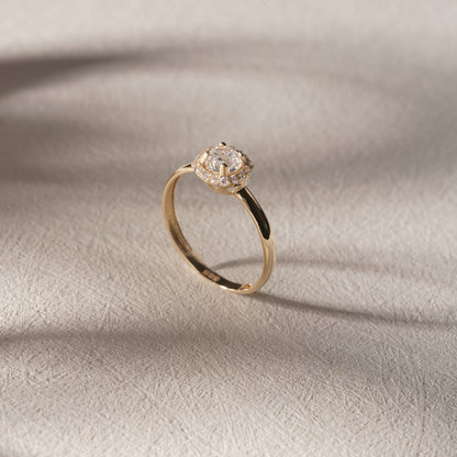 14K Solid Gold Round Center Ring – Framed Square-Style Design with Side Accent Zirconia