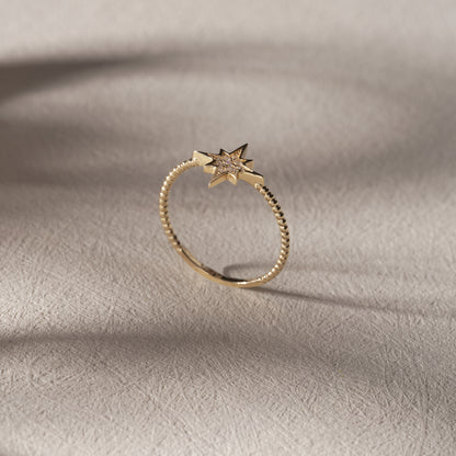 14K Gold North Star Ring – Sparkling Round Zirconia, Beaded Detail on Elegant Band