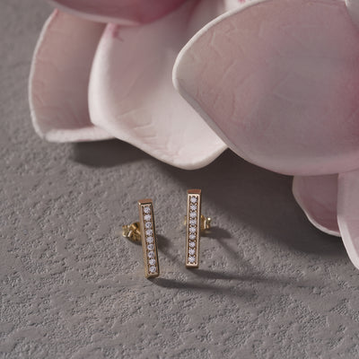 14K Solid Gold Bar Stud Earrings – Minimalist Round Stone Earrings, Two Sizes S & M, Dainty Everyday Jewelry