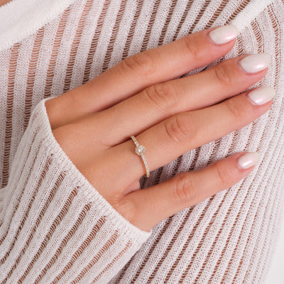 14K Solid Gold Minimal Round Zirconia Ring – Center Stone with Halo and Band Accent Stones