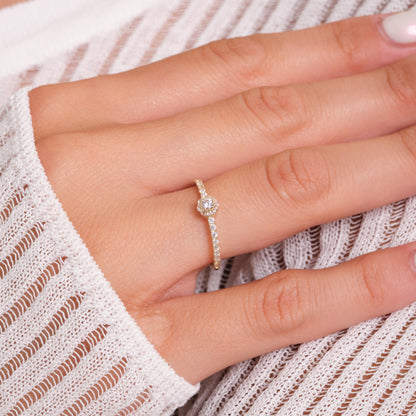 14K Solid Gold Minimal Round Zirconia Ring – Center Stone with Halo and Band Accent Stones