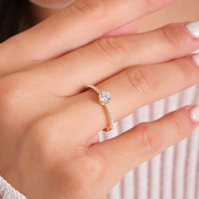 14K Solid Gold Vintage-Inspired Engagement Ring – Round Center Stone with Half-Set Accent Zirconia for Proposal & Wedding