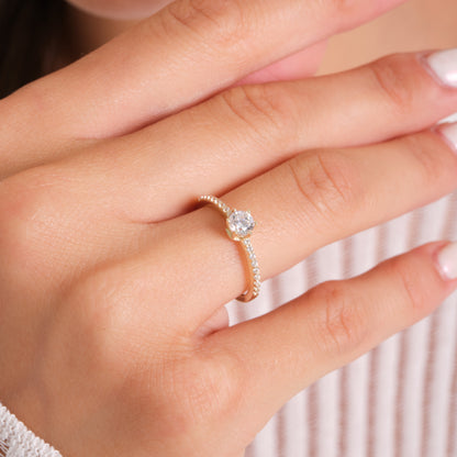 14K Solid Gold Vintage-Inspired Engagement Ring – Round Center Stone with Half-Set Accent Zirconia for Proposal & Wedding