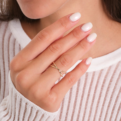 14K Solid Gold X Crossover Ring – Minimalist Open Band Statement Ring