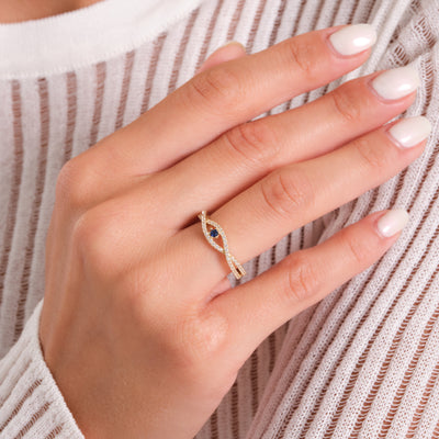 14K Solid Gold Evil Eye Ring – Bohemian Vintage Style Lab-Created Sapphire Center with Zirconia Accents