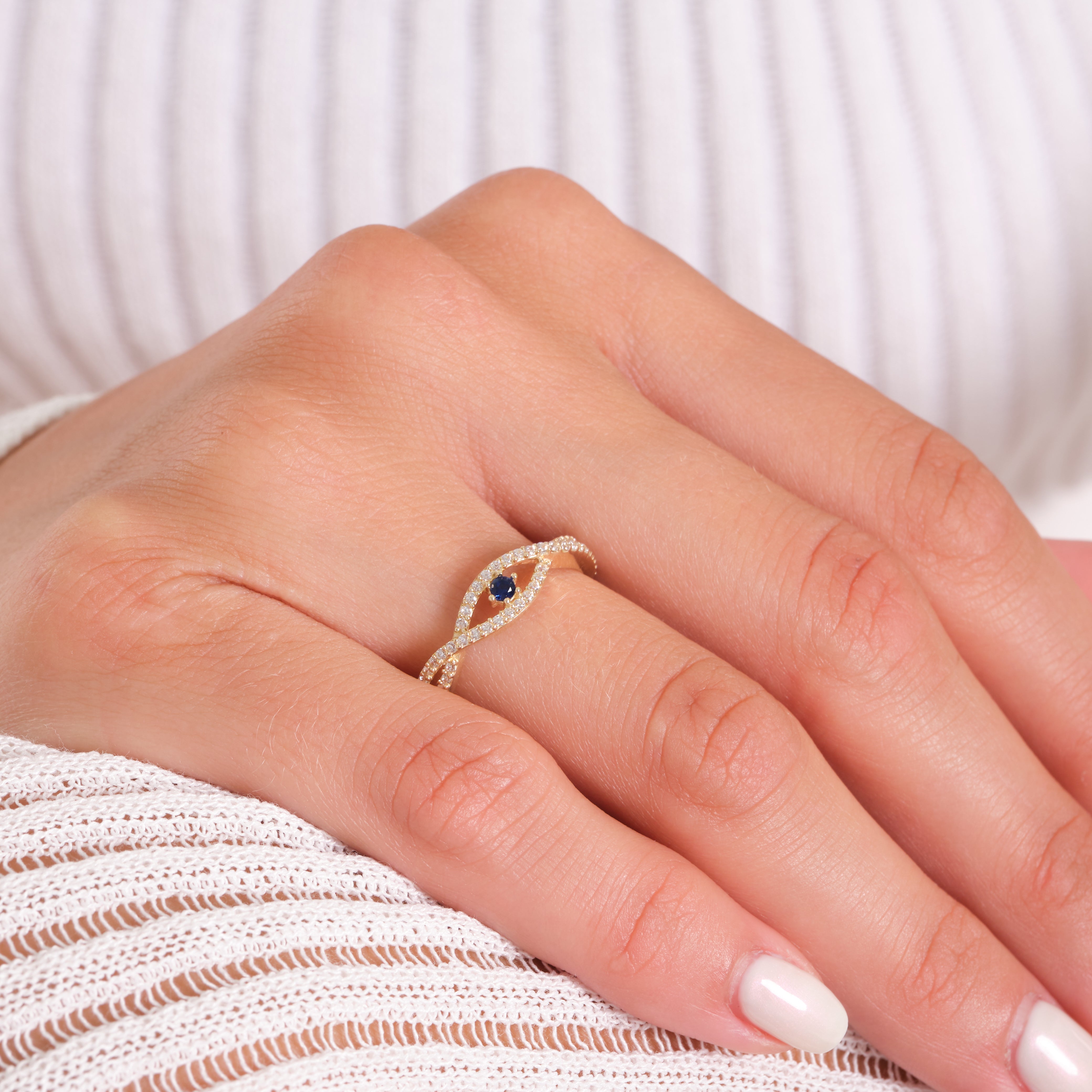 14K Solid Gold Evil Eye Ring – Bohemian Vintage Style Lab-Created Sapphire Center with Zirconia Accents