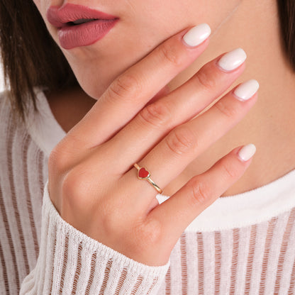 14K Solid Gold Heart Enamel Ring – Minimal Red Center Heart Ring – Gift for Her