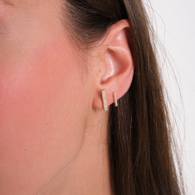 14K Solid Gold Bar Stud Earrings – Minimalist Round Stone Earrings, Two Sizes S & M, Dainty Everyday Jewelry