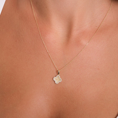 14K Solid Gold Four-Leaf Clover Necklace with 28 White Zircon Stones – Dainty Lucky Charm Pendant