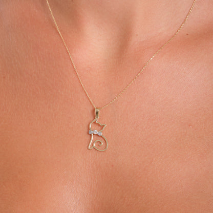 14K Solid Gold Minimal Cat Pendant Necklace with Bow Tie and White Zircon Stone – Dainty Animal Jewelry