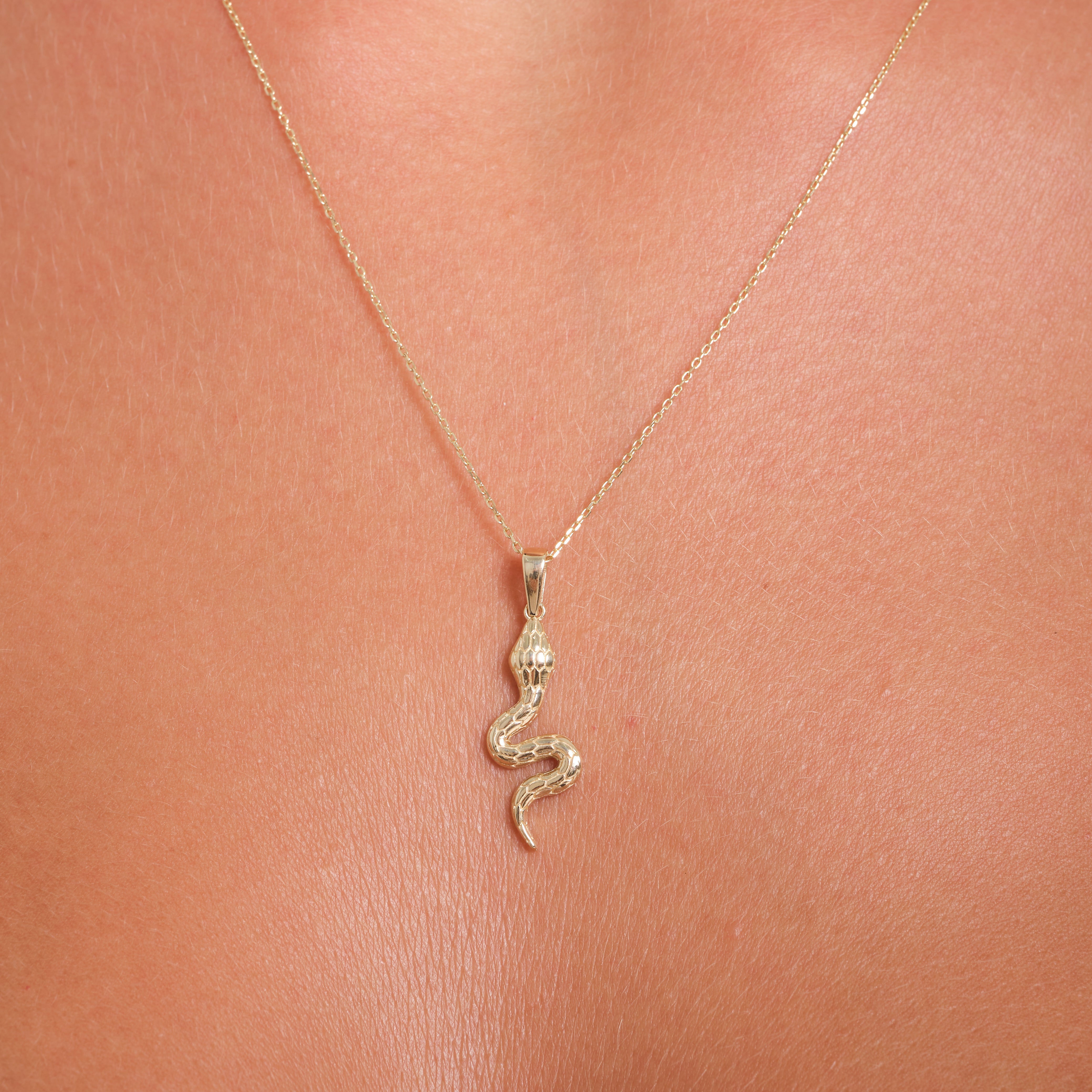 14K Solid Gold Snake Pendant Necklace – Downward Curved Tail with Zircon Accent