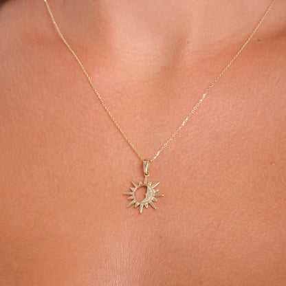 14K Solid Gold Sun Pendant Necklace with Crescent Moon – Minimal Celestial Jewelry