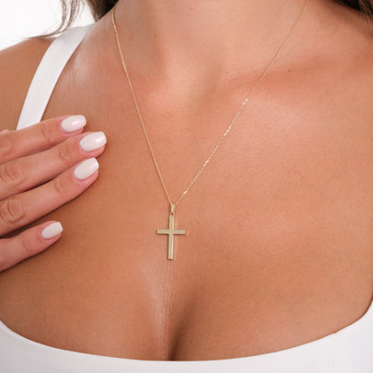 14K Solid Gold Cross Pendant Necklace – Minimal Straight-Edge Religious Jewelry for Women & Men