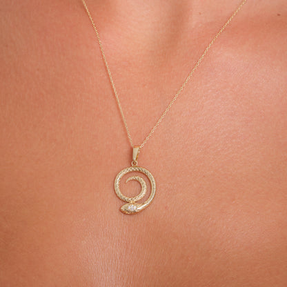 14K Solid Gold Spiral Snake Pendant Necklace with Zirconia Stones – Unique Animal Jewelry