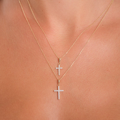 Gemstone Cross 14K Solid Gold Pendant Necklace with White Zircon Stones – Dainty Religious Jewelry