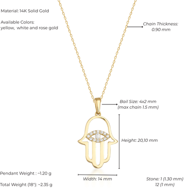 Gold Hamsa hand pendant necklace with measurements and material details on a white background