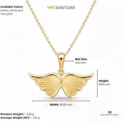 14K gold angel wing necklace, size and weight guide