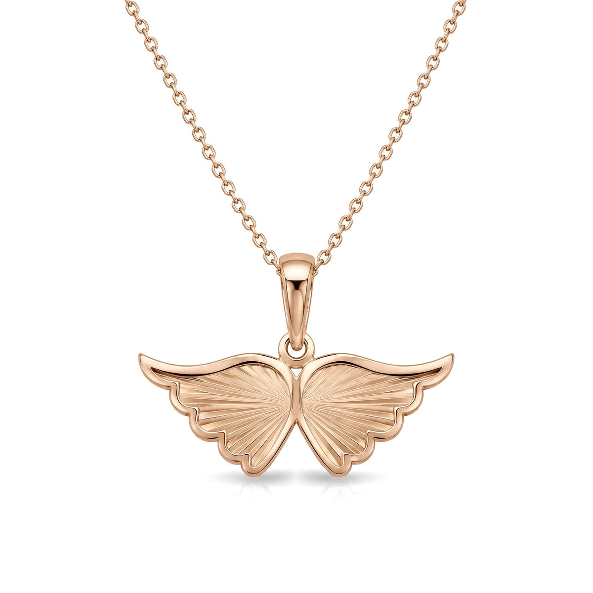 14K rose gold angel wing necklace, ribbed double wing pendant on a cable chain, on white