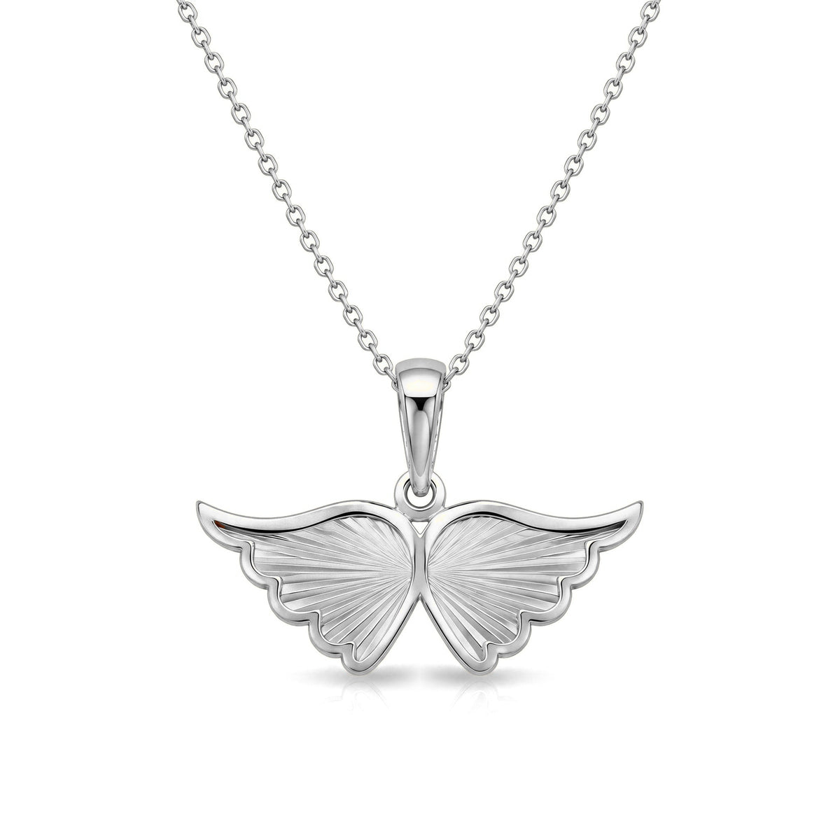14K white gold angel wing necklace, ribbed double wing pendant on a cable chain, on white