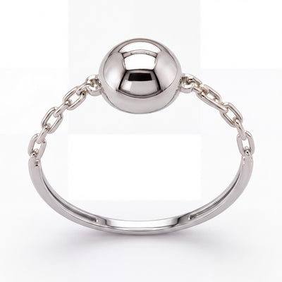 14K white gold ball ring, polished sphere held by chain links on a slim band, front view