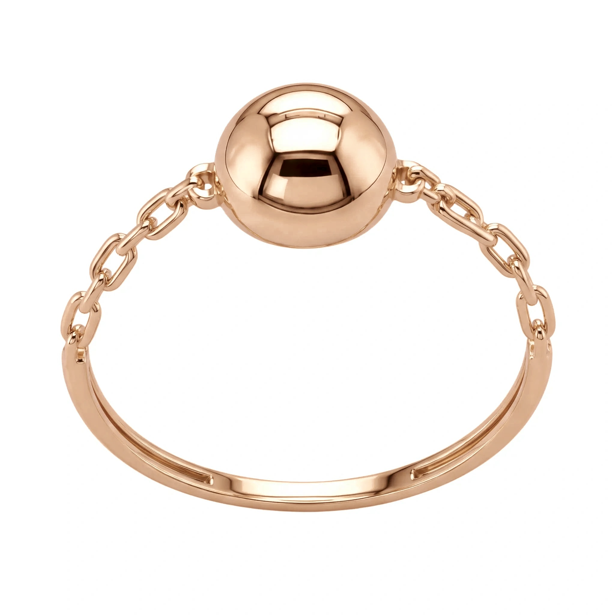 14K rose gold ball ring, polished sphere held by chain links on a slim band, front view