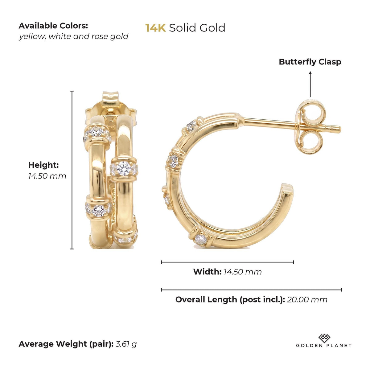 Size chart for the 14K gold bamboo hoop earrings showing stones, available colors, height, width, overall length, closure