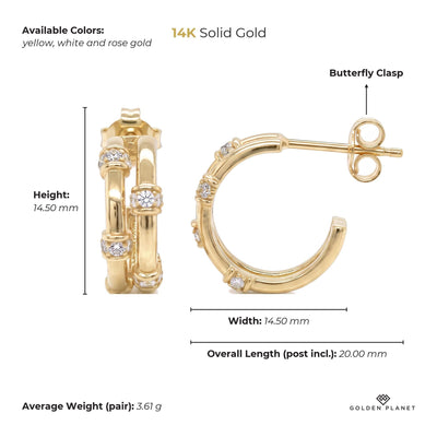 Size chart for the 14K gold bamboo hoop earrings showing stones, available colors, height, width, overall length, closure