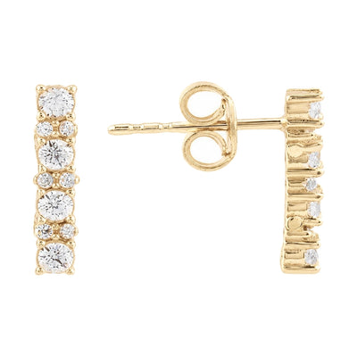 14K yellow gold cubic zirconia bar stud earring, front view beside side view showing post and back