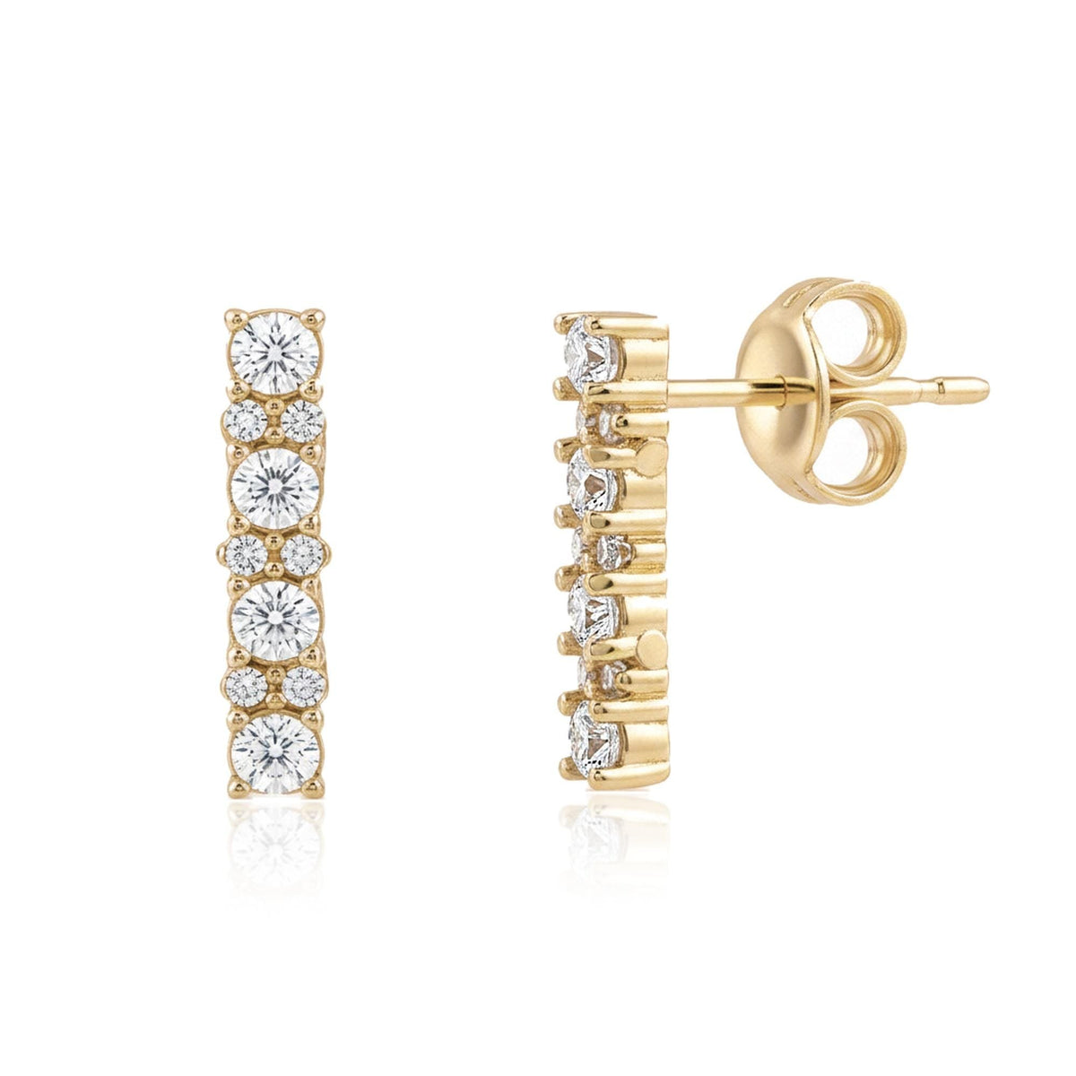 14K yellow gold bar stud earrings with cubic zirconia, front and side view with post and butterfly back