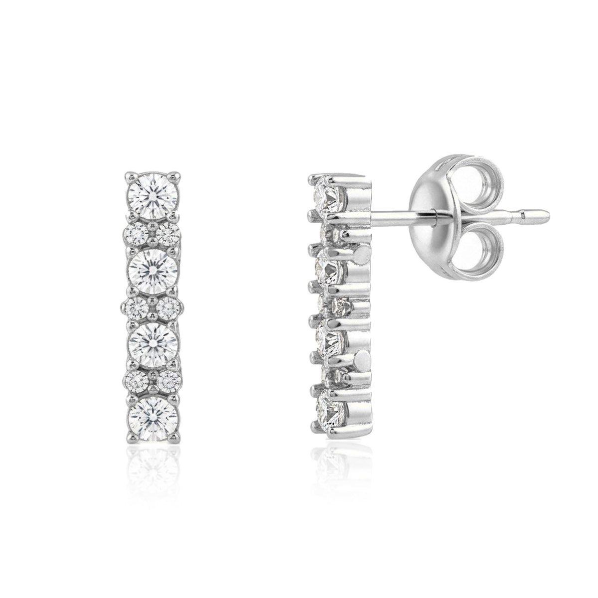 14K white gold bar stud earrings with cubic zirconia, front and side view showing post and backing