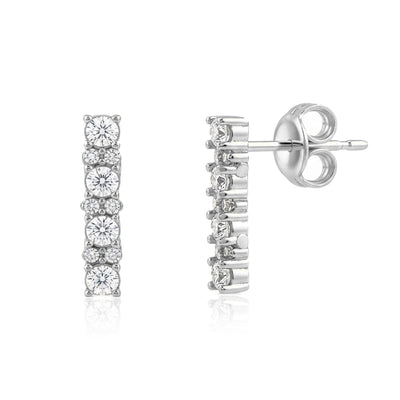 14K white gold bar stud earrings with cubic zirconia, front and side view showing post and backing