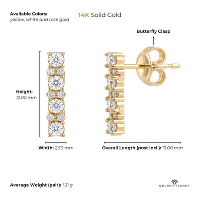 Size chart for the 14K gold bar stud earrings showing stones, available colors, earring face, overall length, closure