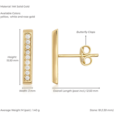 14K Solid Gold Bar Stud Earrings – Minimalist Round Stone Earrings, Two Sizes S & M, Dainty Everyday Jewelry